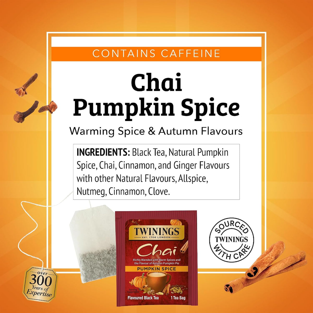 Twinings Pumpkin Spice Chai Black Tea Individually Wrapped Bags, 20 Count (Pack of 6), Warm, Spicy & Aromatic, Caffeinated, Enjoy Hot or Iced, 120 Teabags