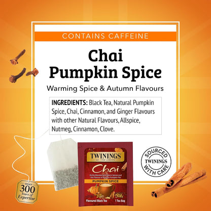 Twinings Pumpkin Spice Chai Black Tea Individually Wrapped Bags, 20 Count (Pack of 6), Warm, Spicy & Aromatic, Caffeinated, Enjoy Hot or Iced, 120 Teabags