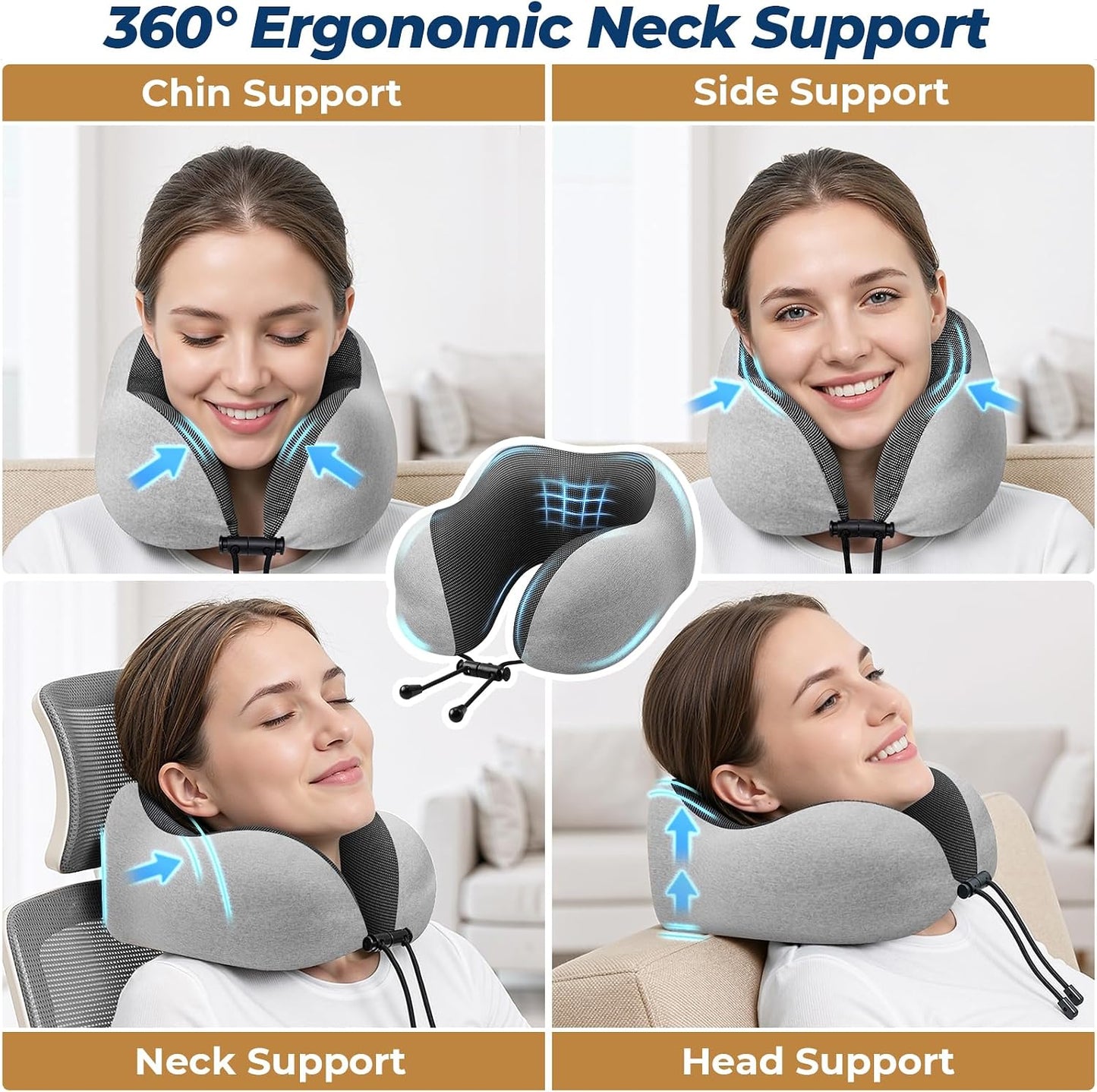 ExploreBliss Travel Pillow, Travel Pillows for Sleeping Airplane, Neck Pillow Airplane, Memory Foam Neck Pillow Set with Eye Mask, Earplugs and Storage Bag -Grey