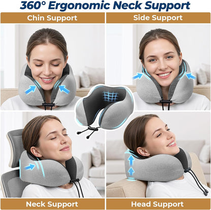 ExploreBliss Travel Pillow, Travel Pillows for Sleeping Airplane, Neck Pillow Airplane, Memory Foam Neck Pillow Set with Eye Mask, Earplugs and Storage Bag -Grey