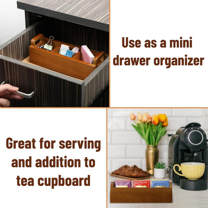 BAMBOO LAND- Small Wooden Tea Bag Organizer, 3 Slot Small Wooden Tea Bag Holder for Countertop, Storage Caddy Box for Tea Packets, Sugar Packet Holder, Kitchen Accessory for Home, Office, Coffee Bar