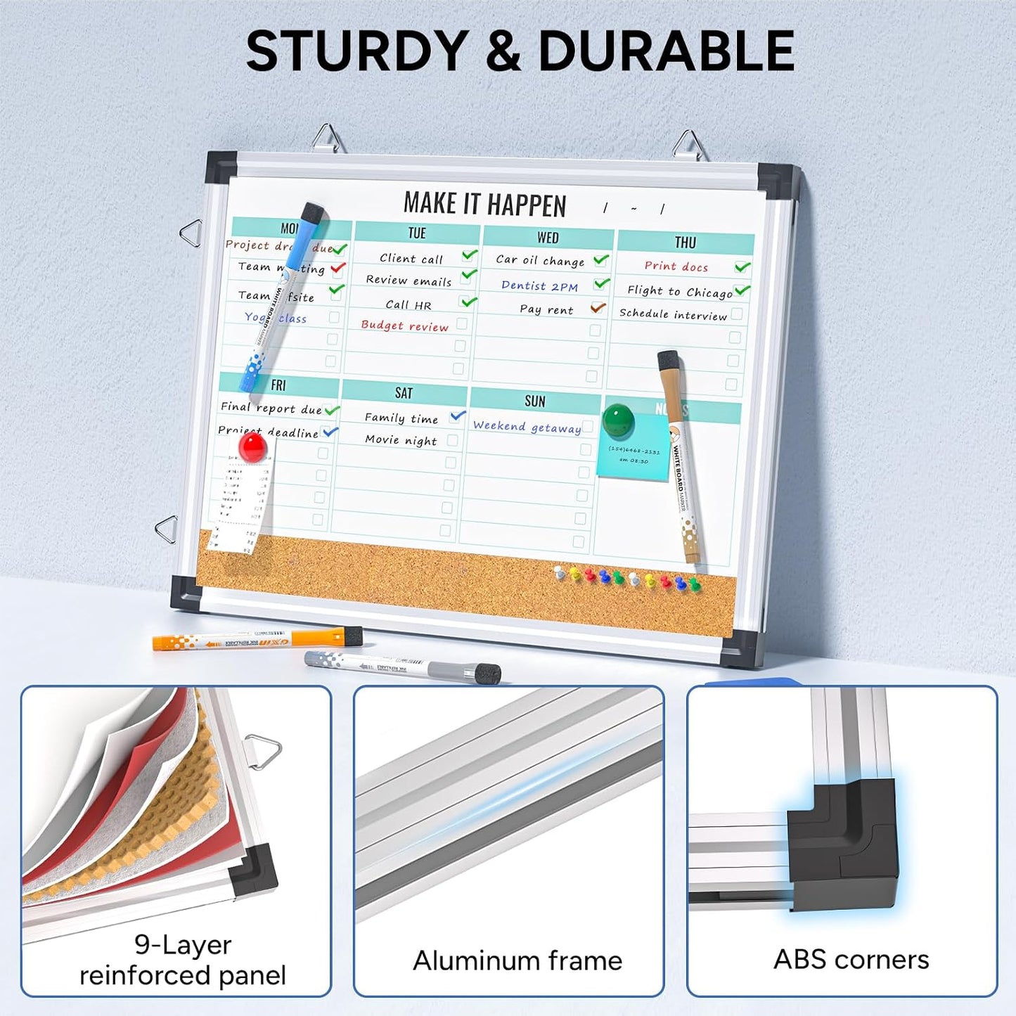Marsrock Weekly Dry Erase Board, 17"x13", Double Sided, Colorful