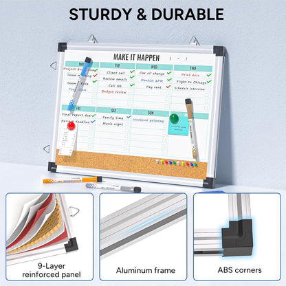 Marsrock Weekly Dry Erase Board, 17"x13", Double Sided, Colorful