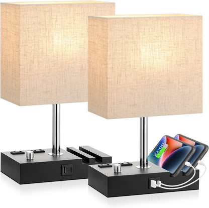 Kakanuo Fully Dimmable Nightstand Lamp for Bedroom with USB C Ports, Grey Small Bedside Table Lamp with Charging Outlets and Phone Stands, Wooden Desk Lamp for Living Room, LED Bulb Included