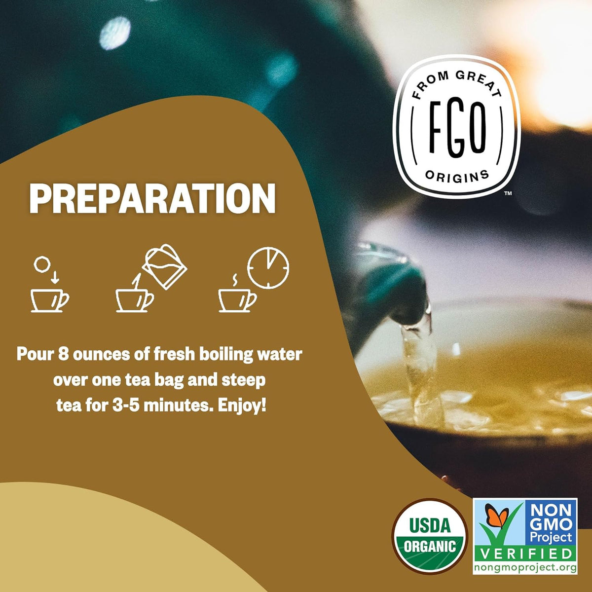 FGO Organic Chamomile Tea, 100 Count, Eco-Conscious Tea Bags, Resealable Bag, Packaging May Vary (Pack of 1)