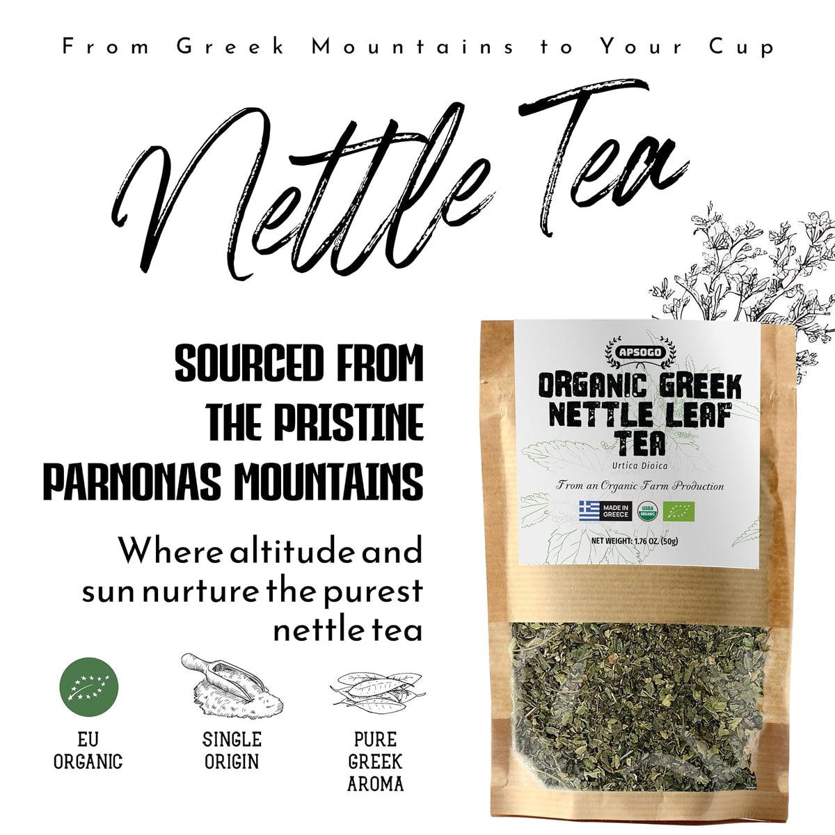 Apsogo Organic Greek Nettle Leaf Tea - Loose Leaf, Caffeine-Free, 1.76oz