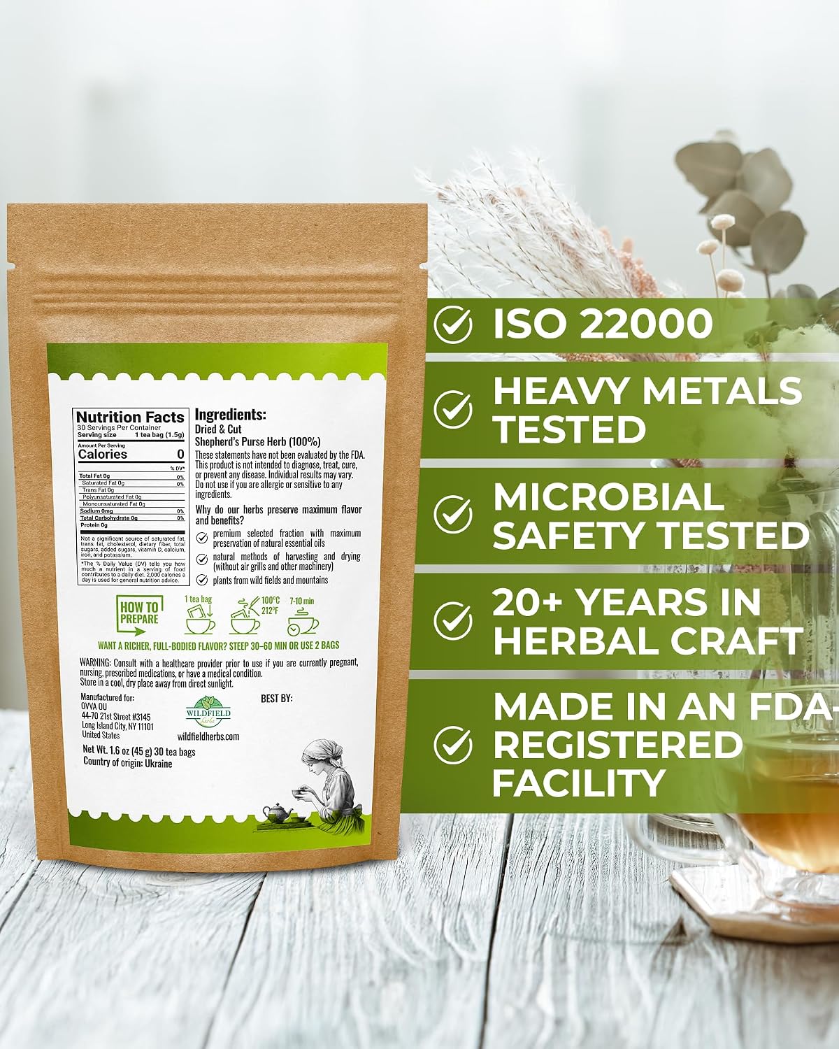 30 Bags Shepherd’s Purse Herb Tea (Capsella Bursa-Pastoris) - 30 Count 1.5g Bags Dried Shepherds Purse Herbal Tea