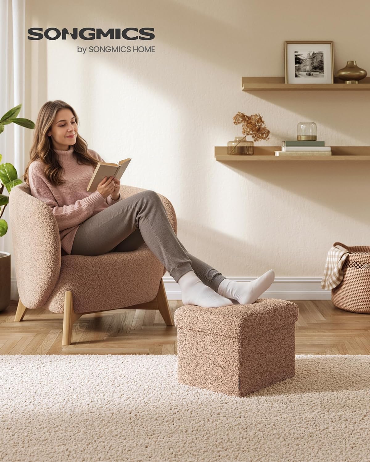 SONGMICS Small Folding Storage Ottoman, Foot Rest Stool, Cube Footrest, Synthetic Leather, 12.2 x 16.1 x 12.2 Inches, 286 lb Capacity, for Living Room, Bedroom, Dorm, Ink Black ULSF100B01