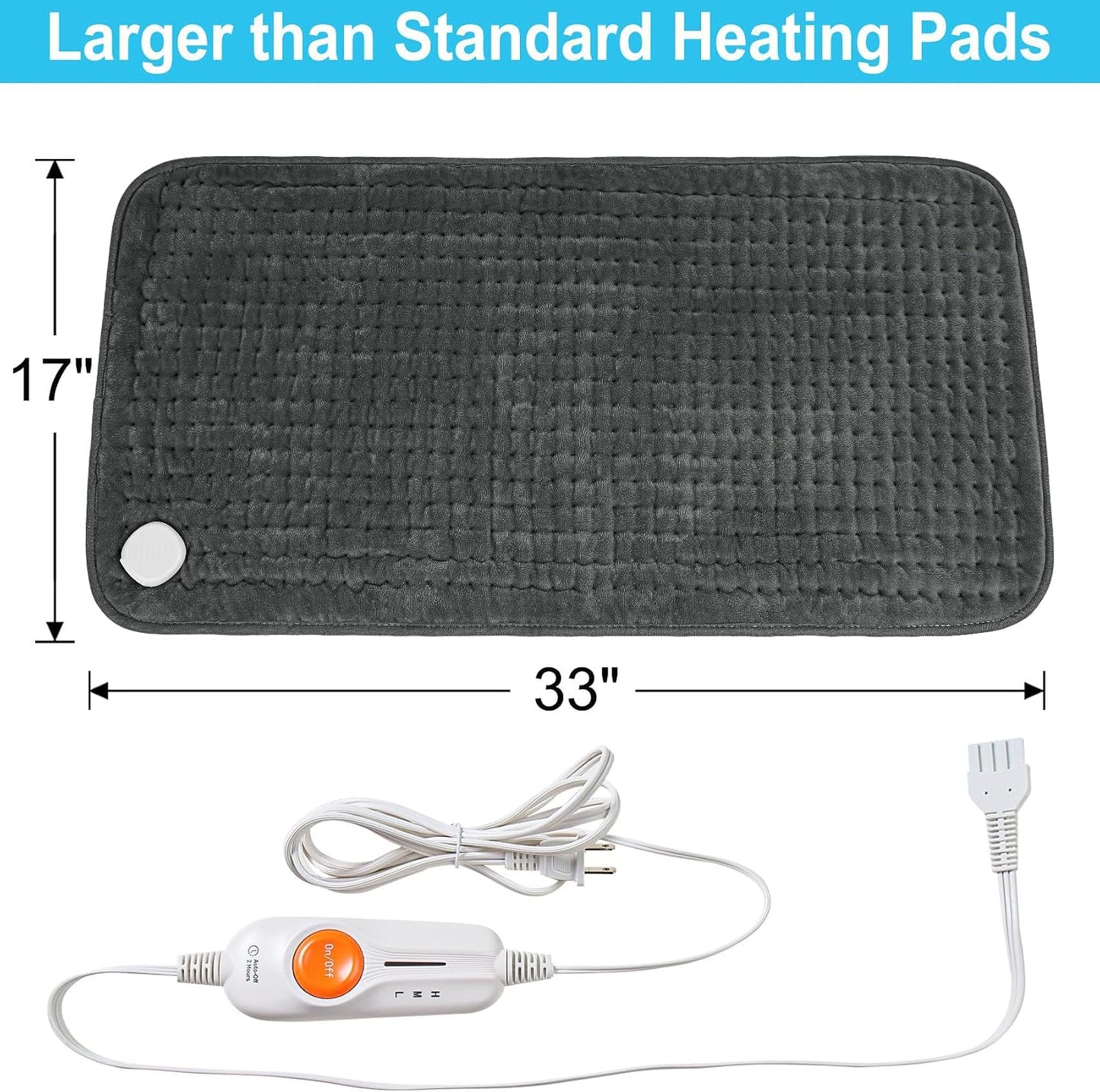 Boileau Electric Heating Pad for Back Pain and Period Cramps Relief, FSA Eligible17 x33 Extra Large XXXL, HSA 3 Heating Levels Heat Pad with 2-Hour Auto Shut Off, Gifts for Women and Mom, Blue