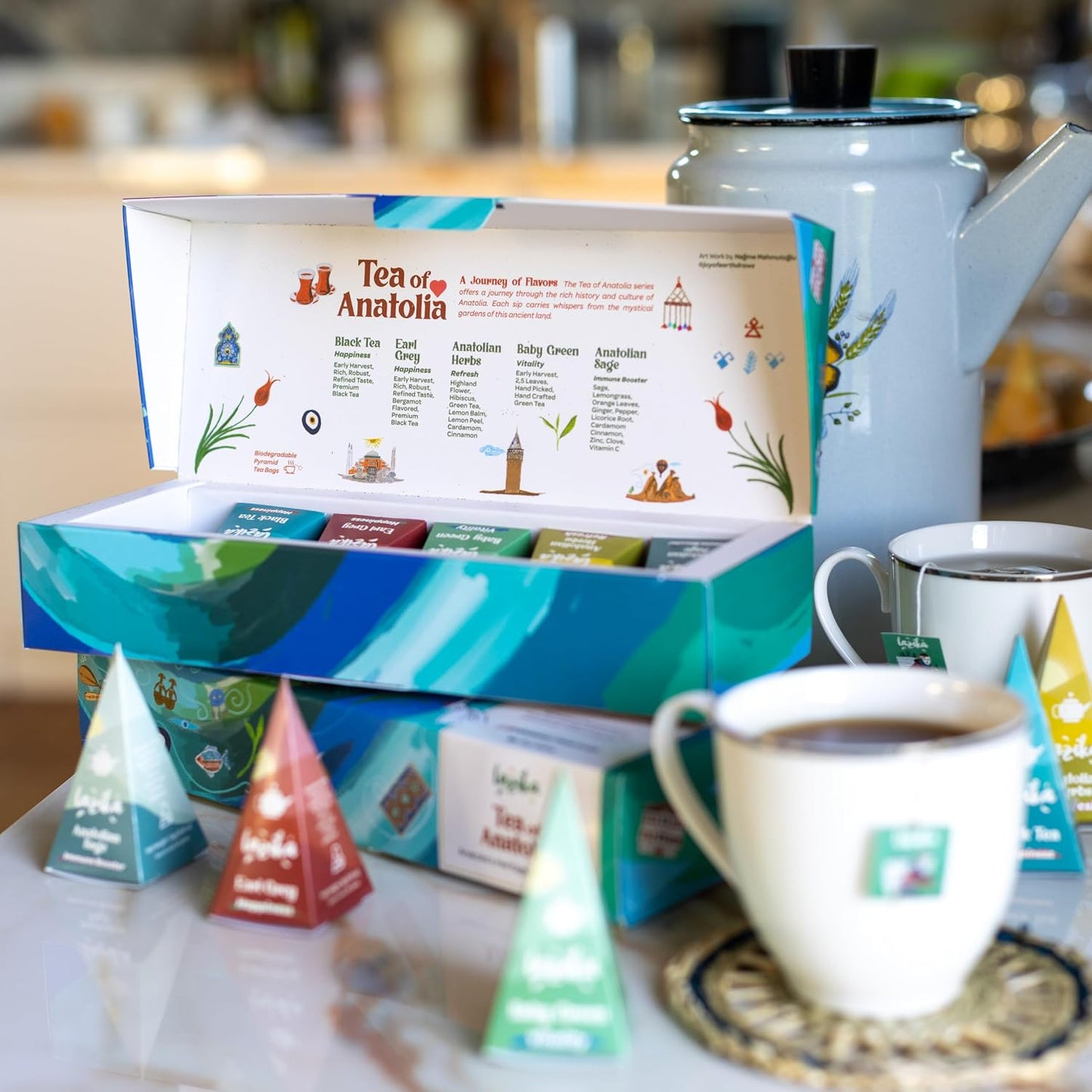 Lazika Tea Sampler with Premium Presentation Box, 10 Counts, Mothers Day Gifts, 2 of Each Blend Individually Wrapped, Black, Green and Herbal Tea Variety Gift Set, Collection with Pyramid Infuser Bag