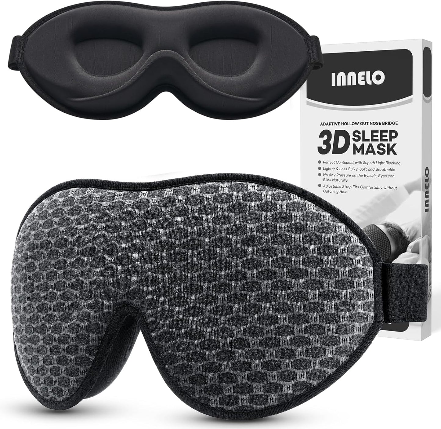 INNELO Sleep Mask for Side Sleeper, Eye Mask Sleeping Women Men, 100% Light Blocking 3D Contoured Cup Sleeping Mask Soft No Eye Pressure Cover Blindfold Night Shade for Travel Nap Yoga, Black