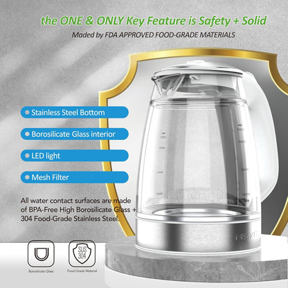 NISVITU 1.7L Dual Wall Cool Touch Electric Kettle, BPA-Free Borosilicate Glass Inner, PC Outer, 1500W Fast Boil Cordless Hot Water Boiler & Electric Tea Kettle, Keep Warm, Auto Shut-Off, White
