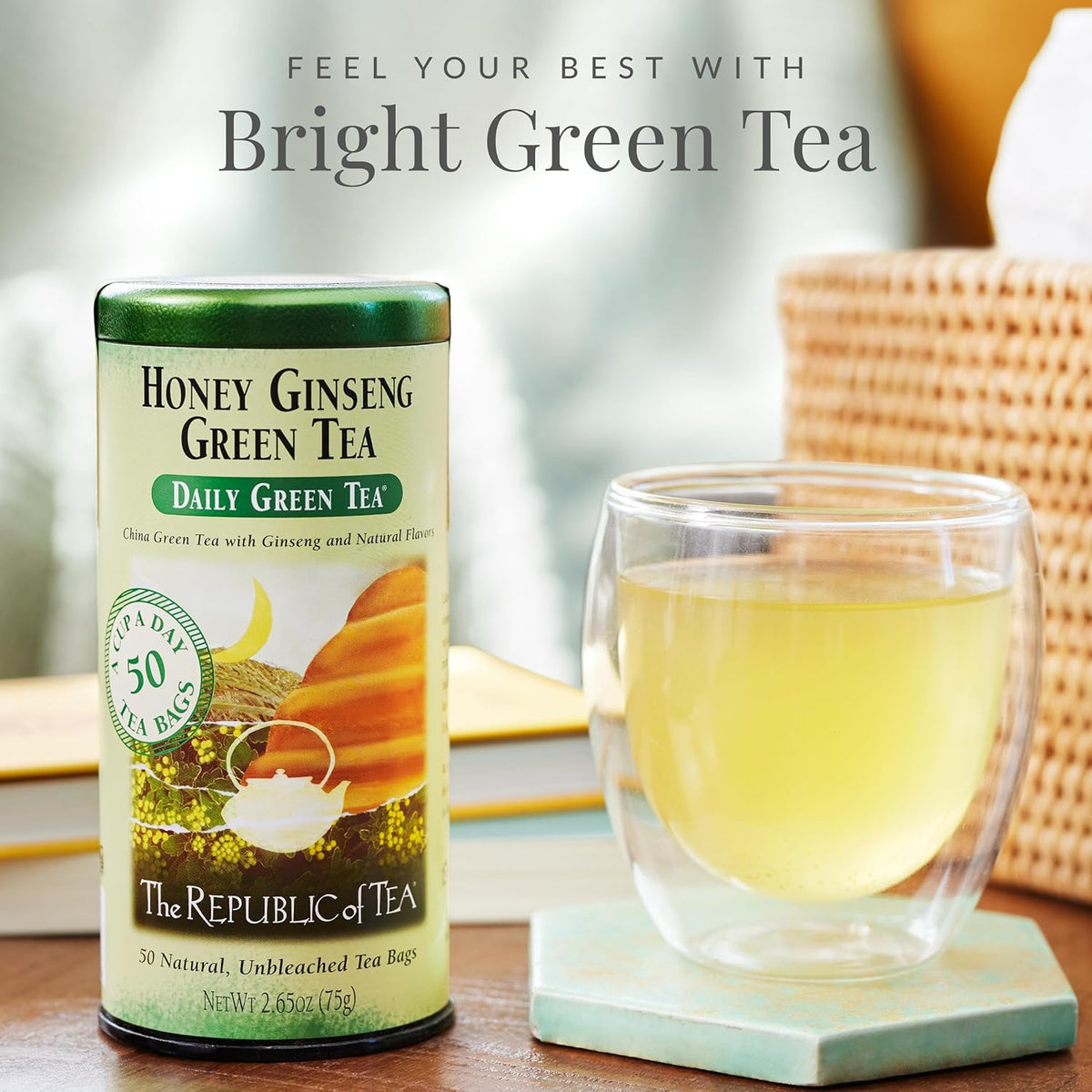 The Republic of Tea Daily Green Honey Ginseng Green Tea, 50 Count