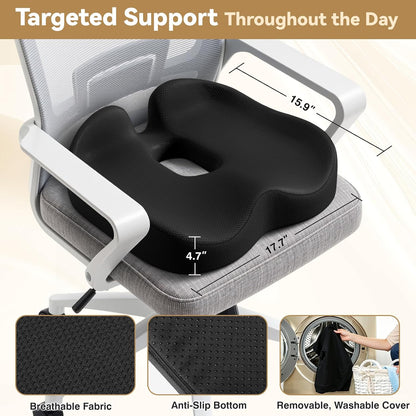TushGuard Ergonomic Seat Cushion with Coccyx Cutout - 4-Zone Structure Office Chair Cushions for Tailbone Pressure Relief, Non-Slip Chair Pad with Washable Cover for Car, Office, Wheelchair, Black