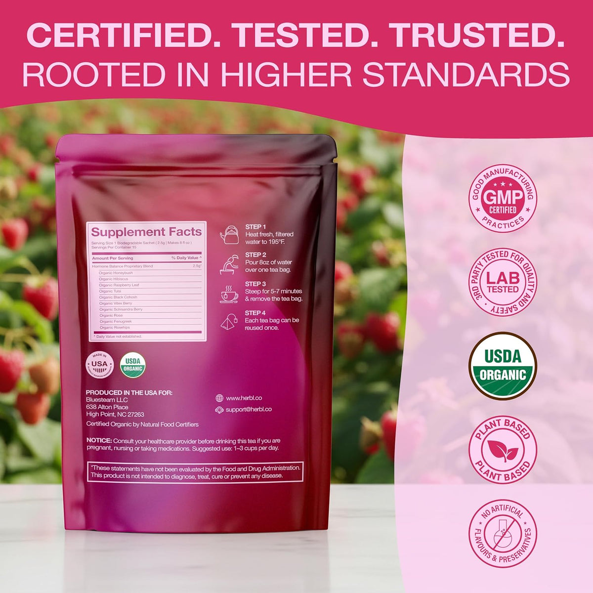 Organic Hormone Balance Tea for Women – Raspberry Leaf, Vitex & Tulsi – Herbal Hormone Balance Tea for PMS, PCOS, Perimenopause, Mood & Cycle Support – Caffeine-Free, USDA Organic