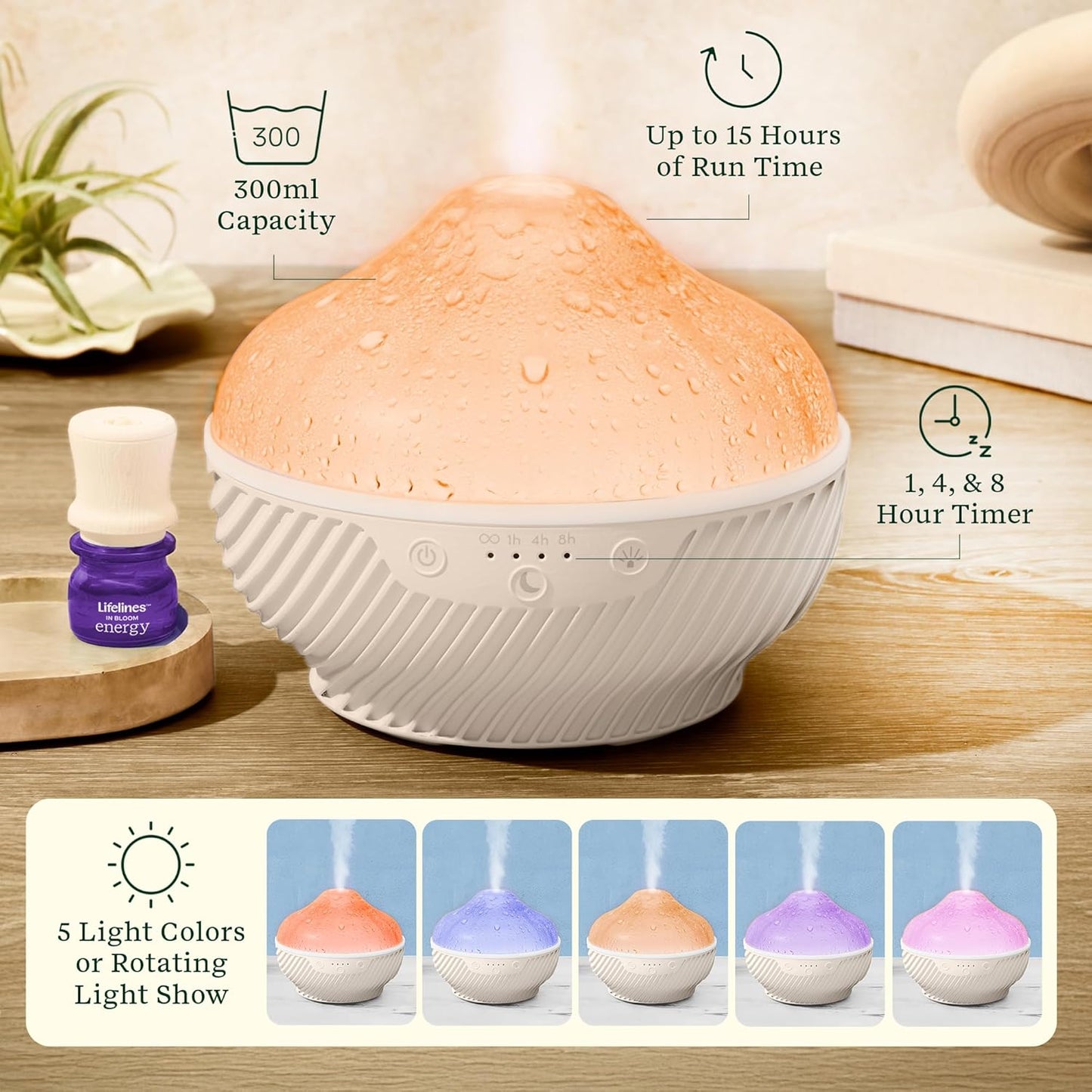 Lifelines Cloud Ultrasonic Essential Oil Diffuser with Essential Oil Blend, 300ml - Aromatherapy Diffuser with Soothing Mesmerizing Raindrop Effect & Auto-Shutoff Feature - Home & Bedroom Essentials