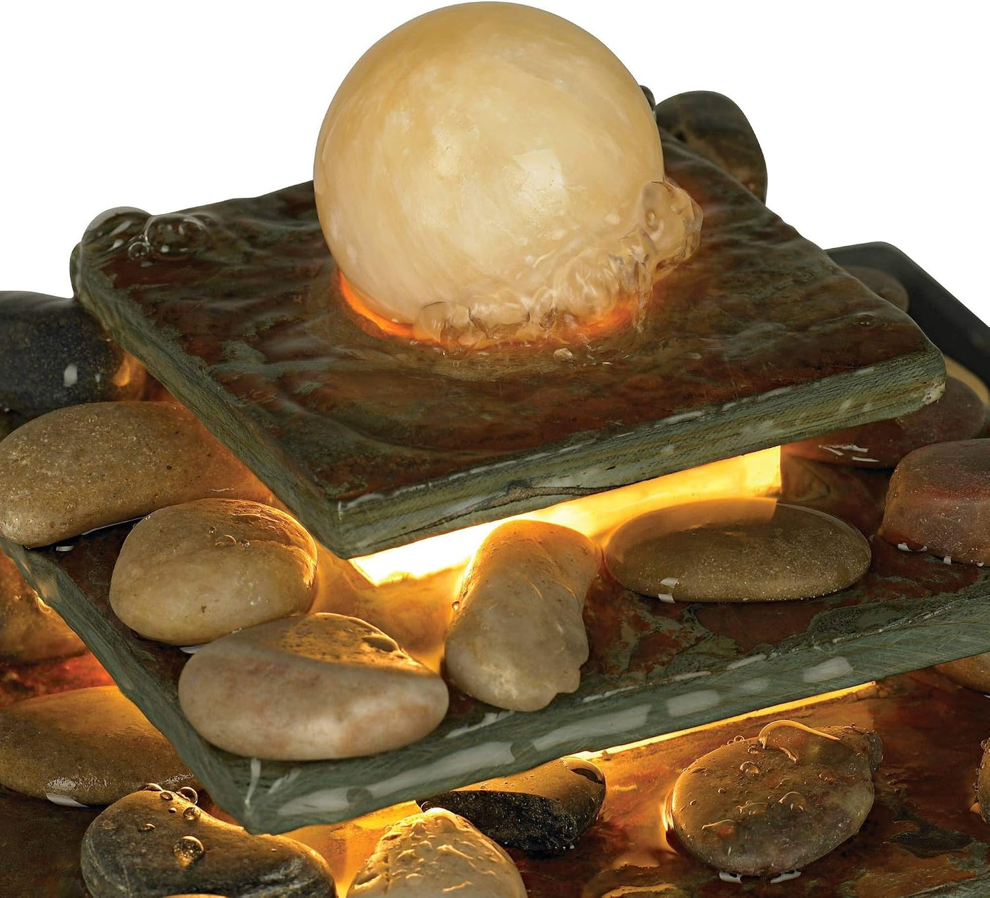 Pyramid 10" High Small Zen Modern Indoor Decor Slate Stone Tabletop Fountain with Light Waterfall Feng Shui Ball Rock Water Feature for Desk Relaxation Bedroom Living Room Countertop - John Timberland