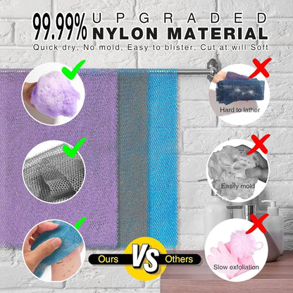 UJFQBH 3 Pieces African Bath Sponge African Net Long Net Bath Sponge Exfoliating Shower Body Scrubber Back Scrubber Skin Smoother,Great for Daily Use (Pink,Yellow,Purple)