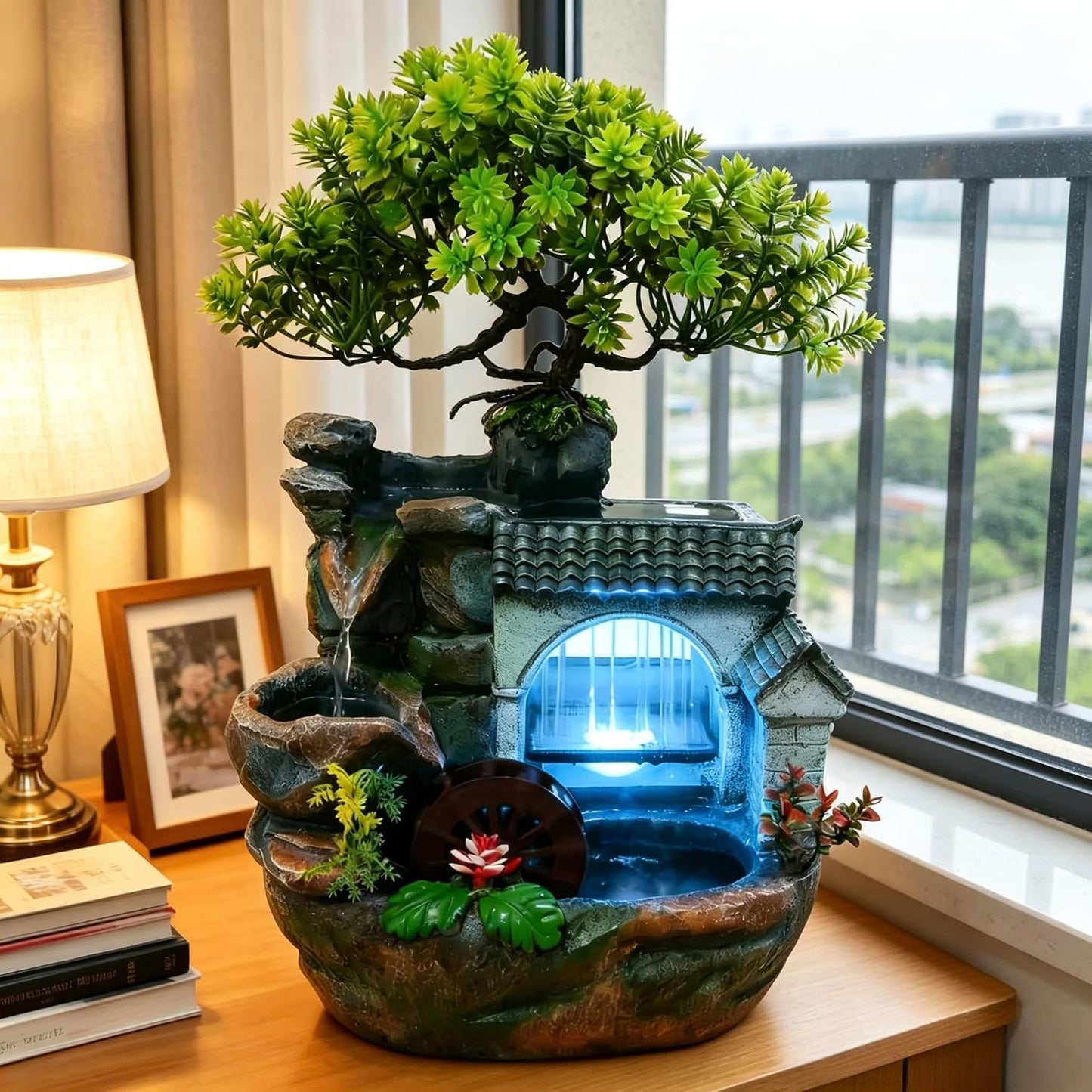 Mini Artificial Bonsai Tree Waterfall Fog Feature Rock Tabletop Fountain | 11in Desktop Decor Waterfall Fountain W/ Water Pump& Atomizer&LED Lights &Fake Tree Office Bedroom Relax
