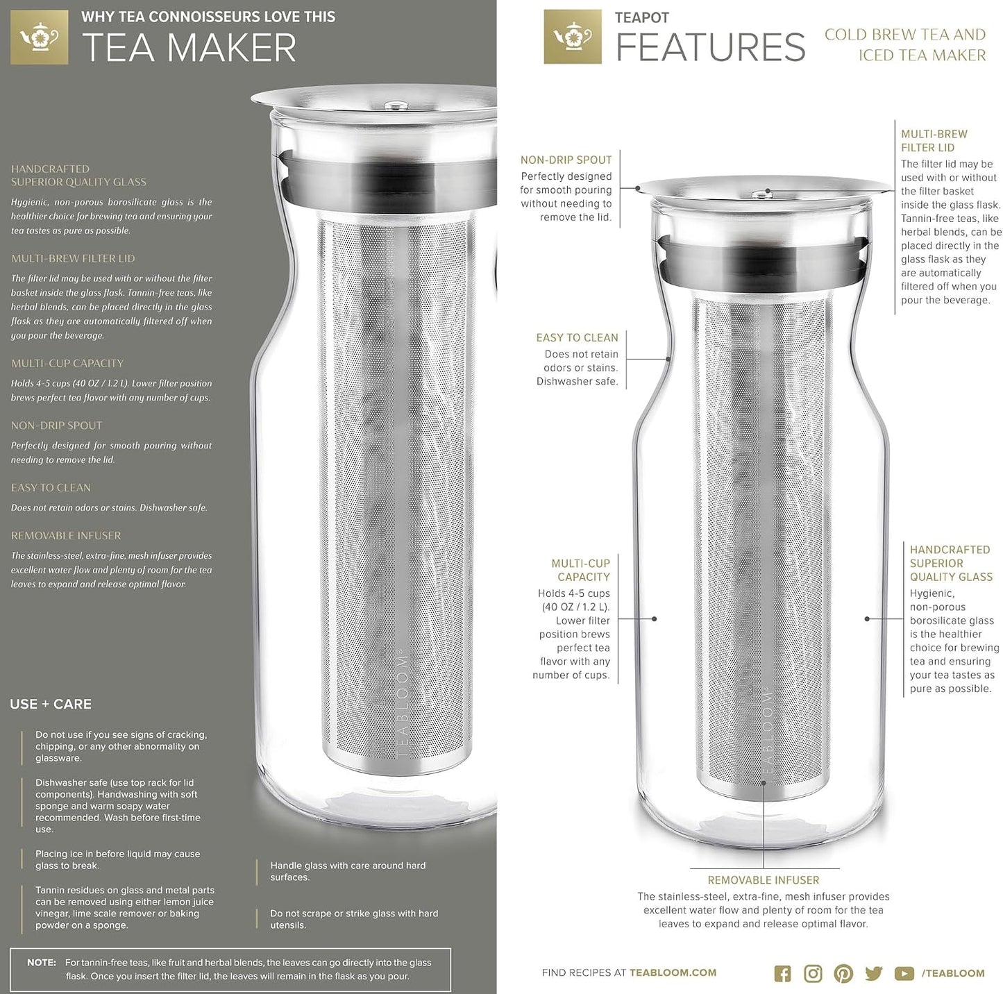 Teabloom Large Multi-Brew Glass Teapot + Kettle + Pitcher (68 OZ / 2.0 L / 8 CUPS) – Brew and Serve Hot Tea, Iced Tea, Cold Brew Tea and Fruit Infused Water – Silhouette Tea Maker