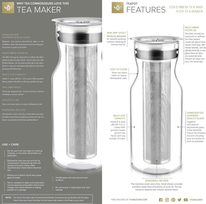 Teabloom Large Multi-Brew Glass Teapot + Kettle + Pitcher (68 OZ / 2.0 L / 8 CUPS) – Brew and Serve Hot Tea, Iced Tea, Cold Brew Tea and Fruit Infused Water – Silhouette Tea Maker