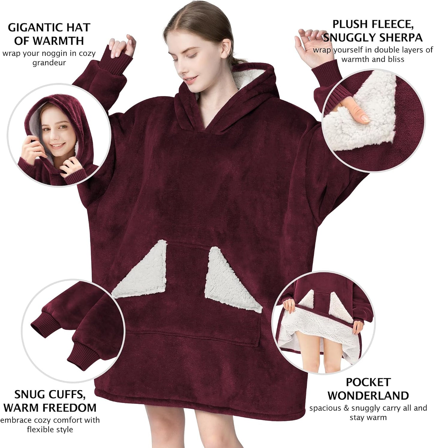 Touchat Wearable Blanket Hoodie, Oversized Sherpa Blanket Sweatshirt with Hood Pocket and Sleeves, Super Soft Warm Plush Hooded Blanket for Adult Women Men, One Size Fits All (Pink)
