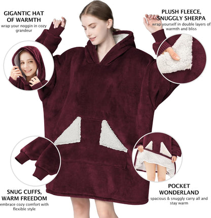 Touchat Wearable Blanket Hoodie, Oversized Sherpa Blanket Sweatshirt with Hood Pocket and Sleeves, Super Soft Warm Plush Hooded Blanket for Adult Women Men, One Size Fits All (Pink)