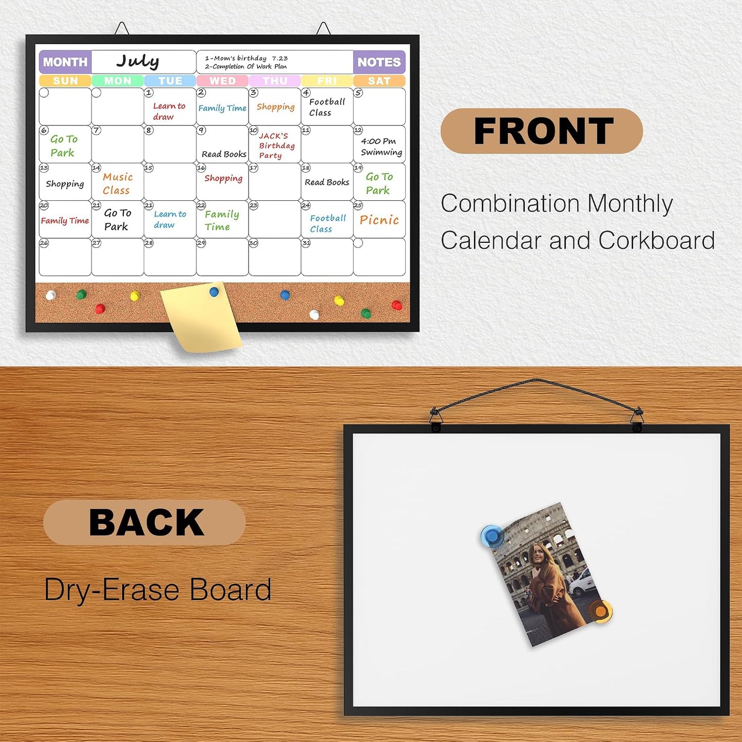 Monthly Calendar Dry Erase Board 16x12 Inch, Double-Sided Whiteboard and Corkboard Combo, Wall Mounted Planner Organizer with Markers, Magnets, Push Pins, Eraser, for Home Office School