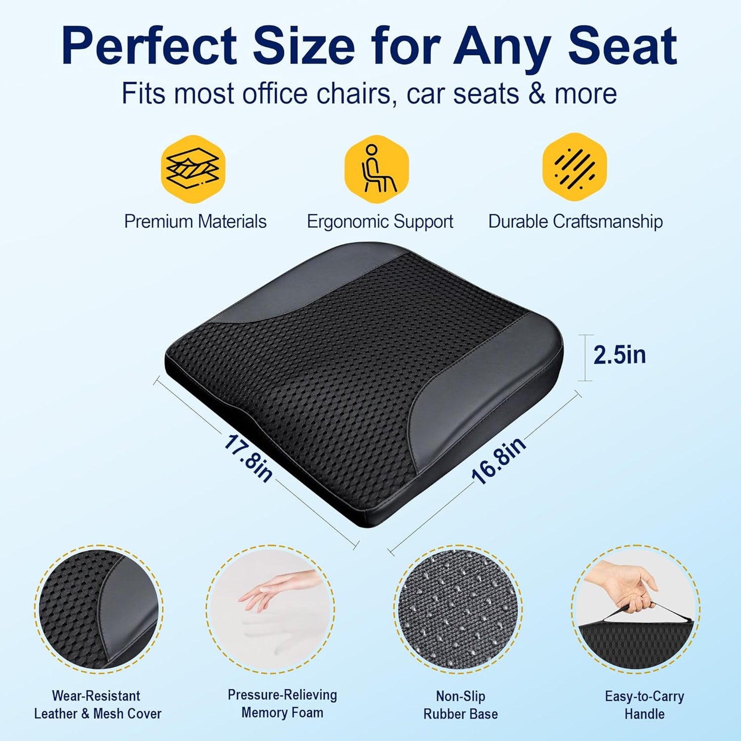 kingphenix Premium Car Seat Cushion, Memory Foam Driver Seat Cushion to Improve Driving View- Coccyx & Lower Back Pain Relief - Seat Cushion for Car, Truck, Office Chair (Leather Black)