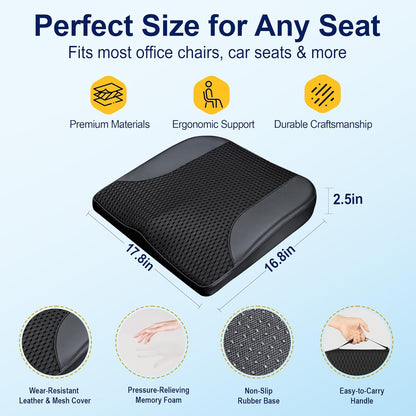 kingphenix Premium Car Seat Cushion, Memory Foam Driver Seat Cushion to Improve Driving View- Coccyx & Lower Back Pain Relief - Seat Cushion for Car, Truck, Office Chair (Leather Black)
