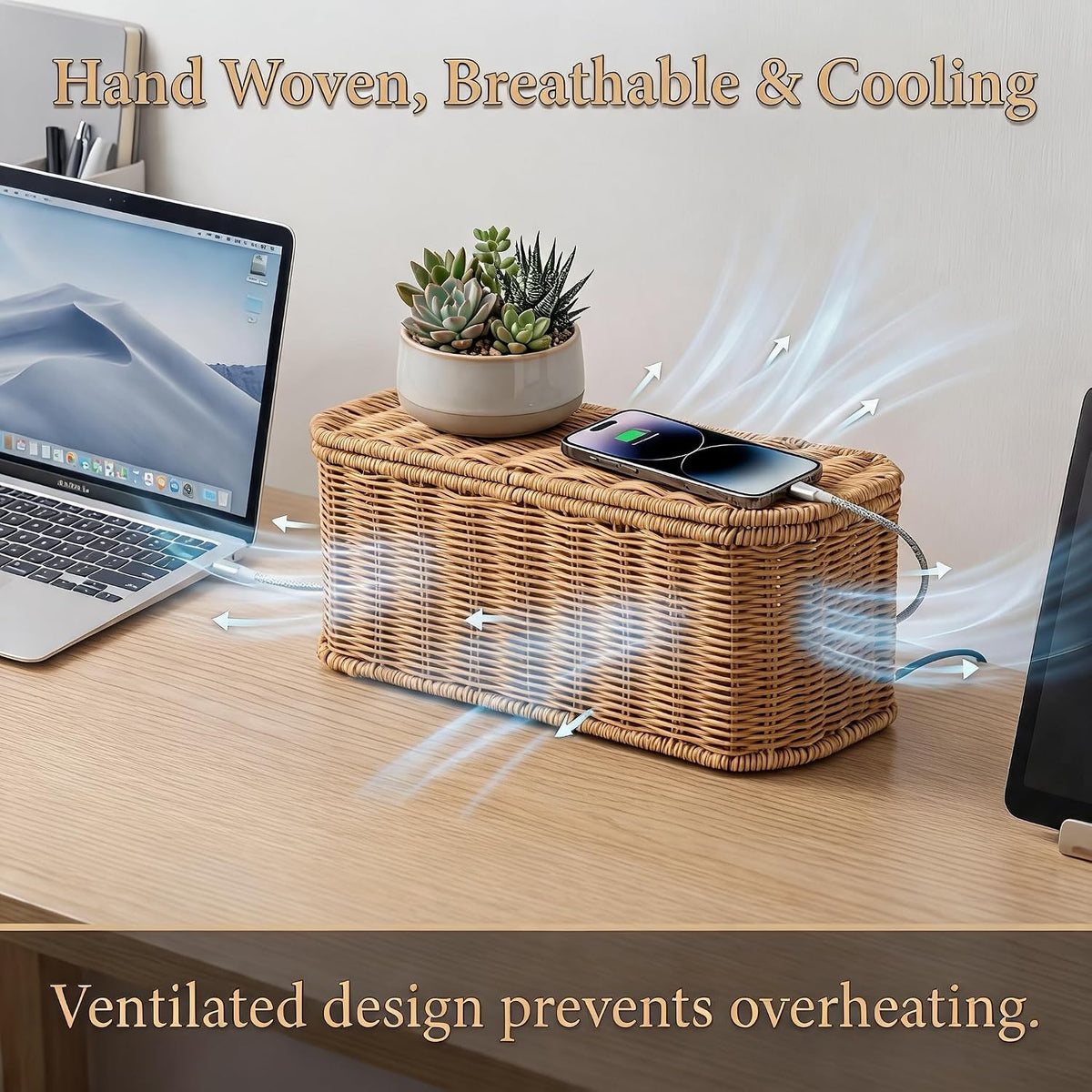 Rattan Cable Management Box, Cord Organizer to Hide Cords & Power Strip
