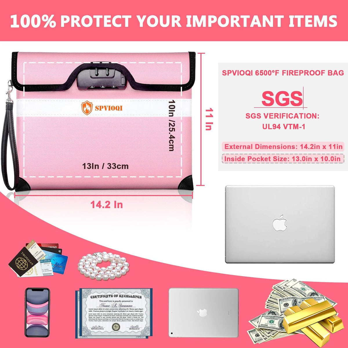 6500°F Upgraded Fireproof Document Bag with Lock, Fire proof Money Bag for Cash w. Zipper/Reflective Strip, 10 Layers of Heat Insulated Materials, Water Resistant Fireproof Bag for Documents, Fire Bag