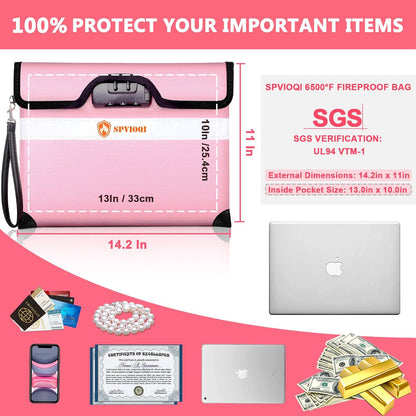 6500°F Upgraded Fireproof Document Bag with Lock, Fire proof Money Bag for Cash w. Zipper/Reflective Strip, 10 Layers of Heat Insulated Materials, Water Resistant Fireproof Bag for Documents, Fire Bag