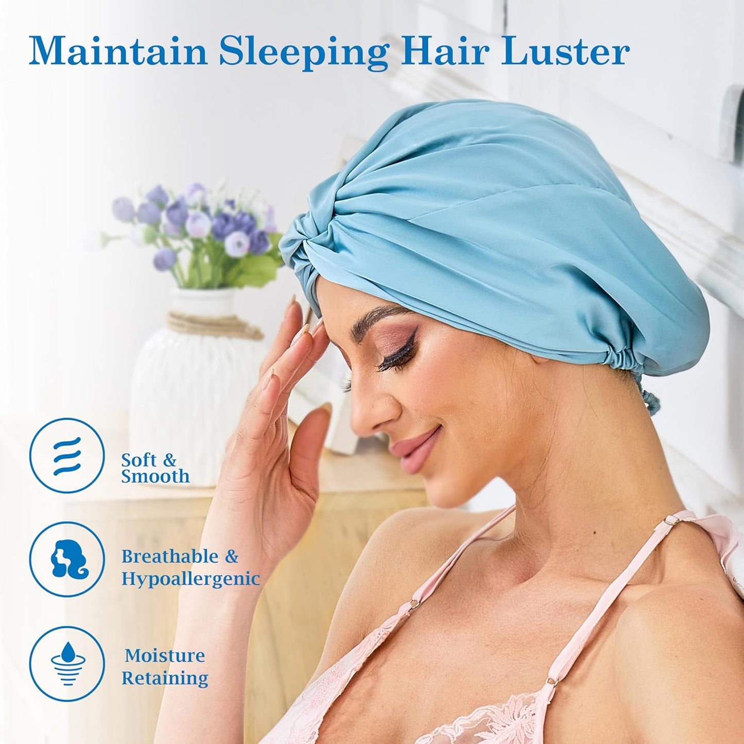 Adjustable Silk Satin Bonnet for Sleeping Hair Wrap, Double Layer Sleep Cap, Night Turban for Large Long Curly Braid Women Men Hair - Matcha Green