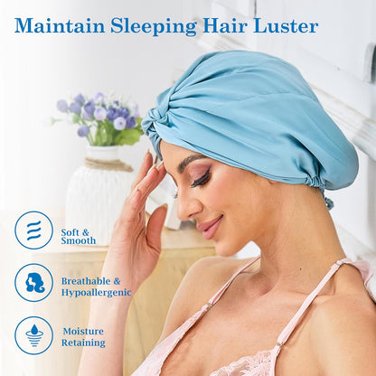 Adjustable Silk Satin Bonnet for Sleeping Hair Wrap, Double Layer Sleep Cap, Night Turban for Large Long Curly Braid Women Men Hair - Matcha Green