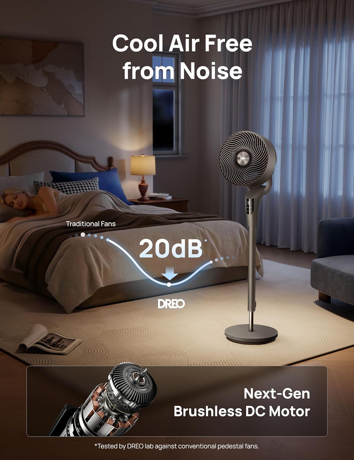 DREO Fan for Bedroom, 2026 Upgraded, 90ft Airflow, 20dB Quiet Fan, 90° Oscillating Standing Fan for Whole Room, DC Motor, 8+H Speeds, 3 Modes, 38-42'' Adjustable Height, 8H Timer, 105° Manual Vertical