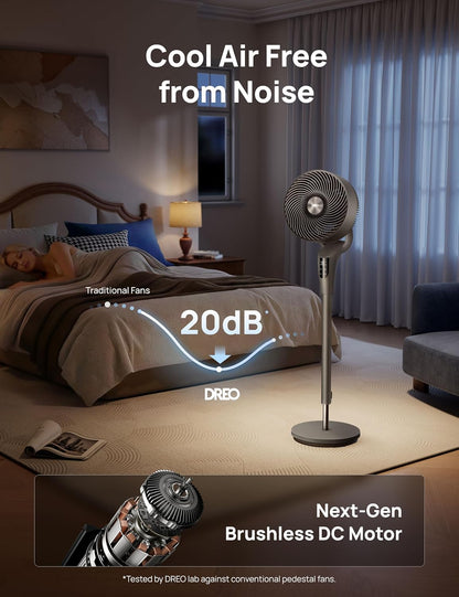 DREO Fan for Bedroom, 2026 Upgraded, 90ft Airflow, 20dB Quiet Fan, 90° Oscillating Standing Fan for Whole Room, DC Motor, 8+H Speeds, 3 Modes, 38-42'' Adjustable Height, 8H Timer, 105° Manual Vertical