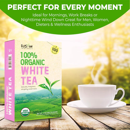Fusion Select 100% Organic White Tea - Natural Herbal Infusion for Calmness, Relaxation, Wellness - Rich in Vitamins & Antioxidants - Zero Calories, Sugar, Fat - 100 Organic Premium White Tea Bags