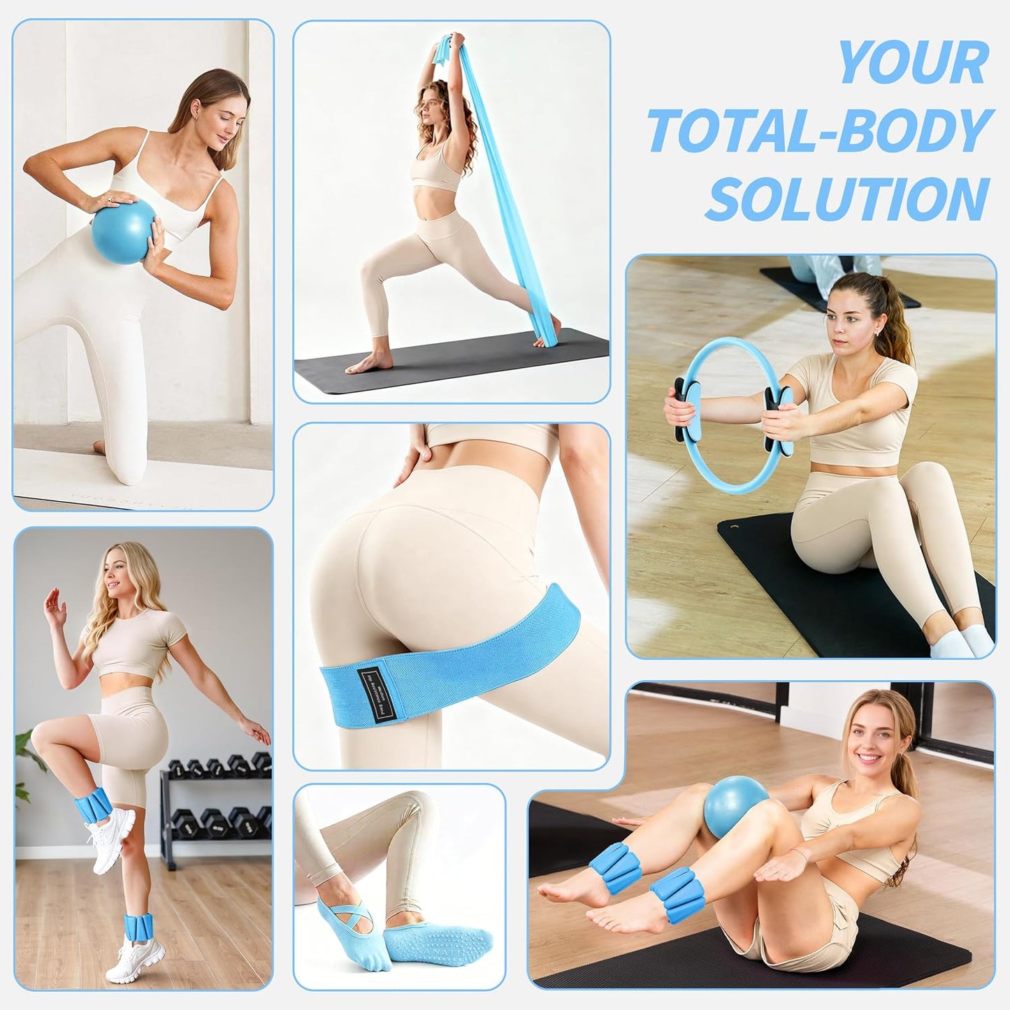 NANATI Pilates Kit, Home Pilates Workout Kit for Women, Pilates Equipment with 14.5" Pilates Ring and Ball, Resistance Bands, Ankle Weights, Sliders & Grip Socks for Home Workouts