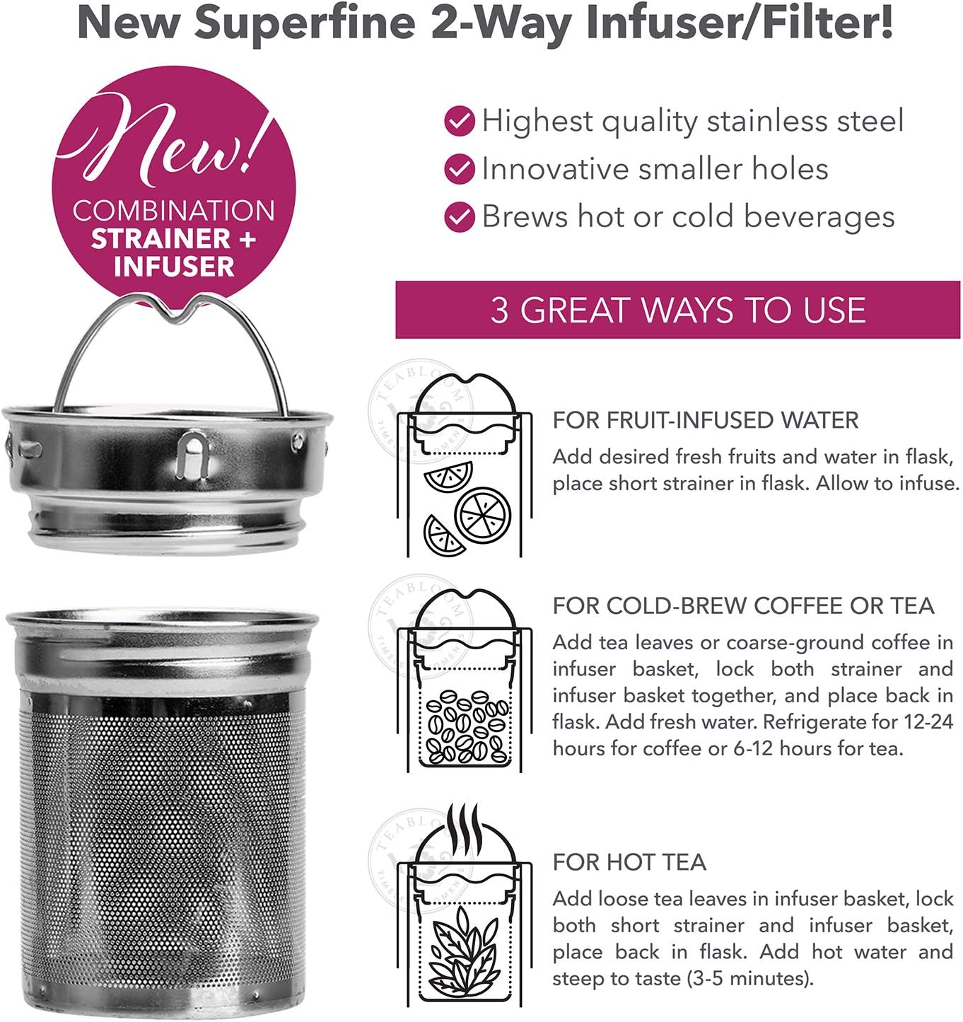 Teabloom All-Beverage Tumbler – 15 oz / 450 ml – Tempered Glass Travel Bottle – Hot and Cold Tea Infuser – Cold-Brew Coffee – Fruit-Infused Water – Tea Tumbler – The Pathfinder