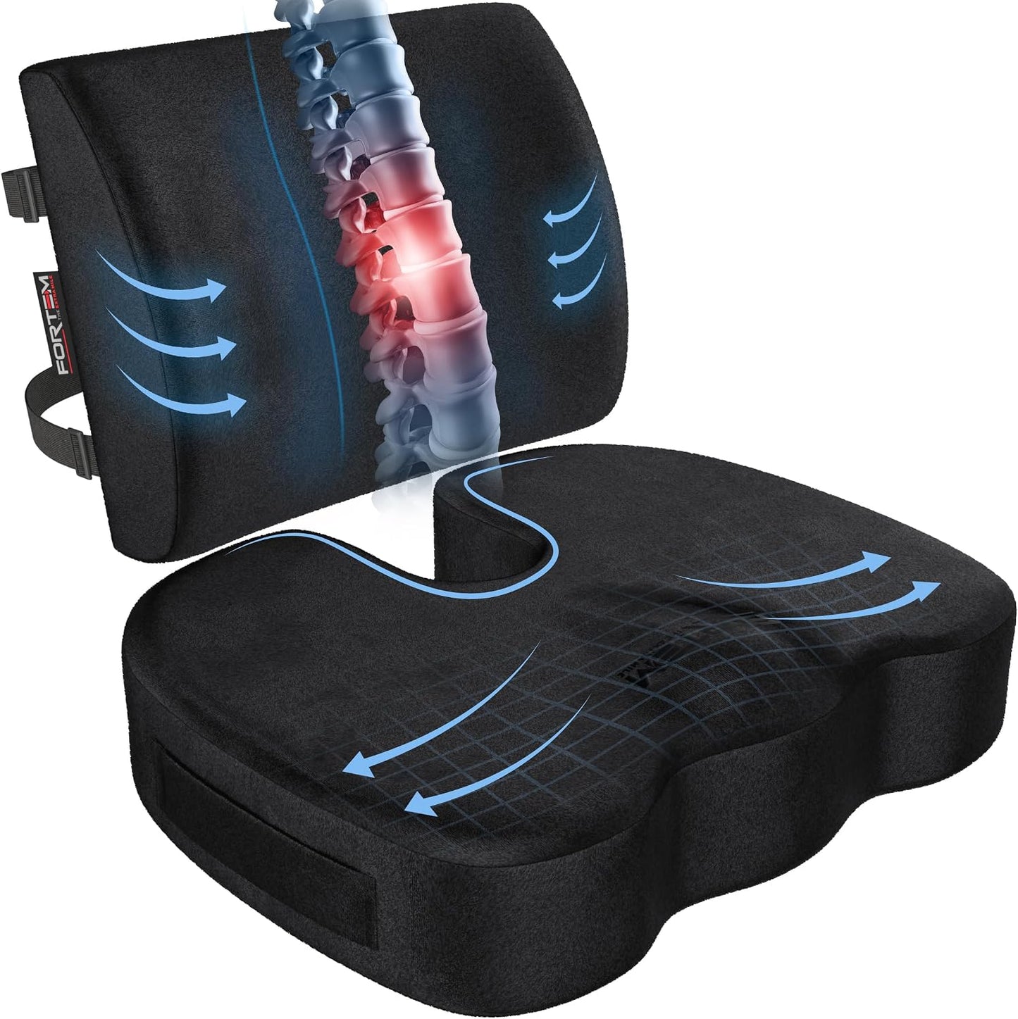 FORTEM Seat Cushion, Office Chair Cushion, Lumbar Support Pillow for Office Chair, Memory Foam Car Seat Cushions, Sciatica Coccyx Tailbone Pain Relief, Cushions for Back Support, Washable, Non Slip