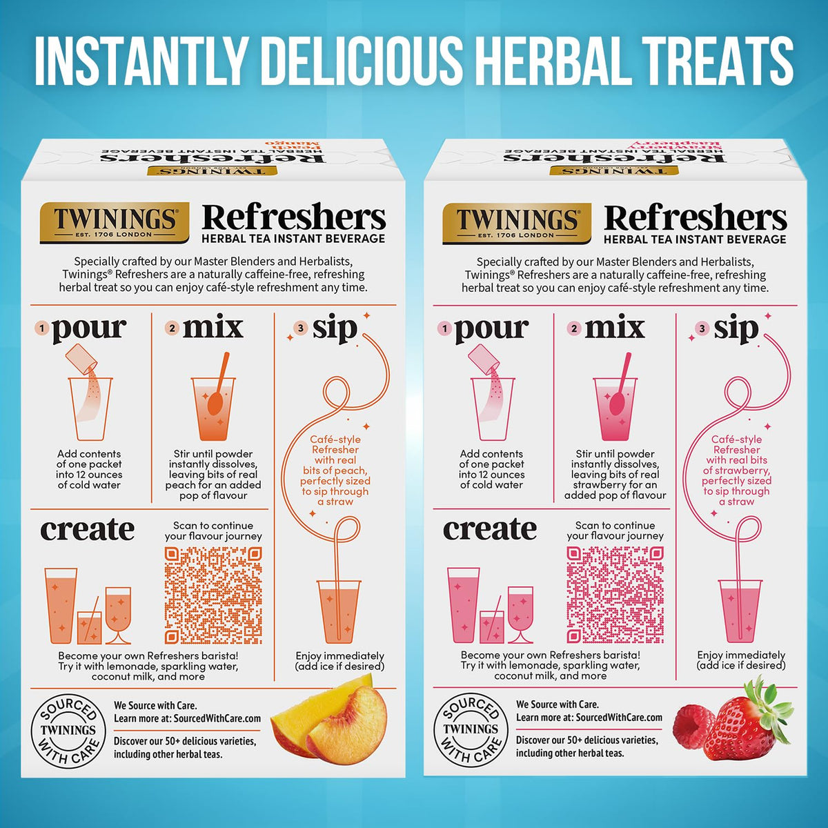 Twinings Refreshers Variety 2-Pack, Strawberry Raspberry & Peach Mango, Herbal Tea Instant Beverage with Real Fruit Bits, 5 Count Ea (10 Packets), Café Style, No Artificial Sweeteners, Naturally Caffeine-Free, 2.82 Oz Ea