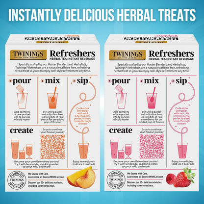 Twinings Refreshers Variety 2-Pack, Strawberry Raspberry & Peach Mango, Herbal Tea Instant Beverage with Real Fruit Bits, 5 Count Ea (10 Packets), Café Style, No Artificial Sweeteners, Naturally Caffeine-Free, 2.82 Oz Ea