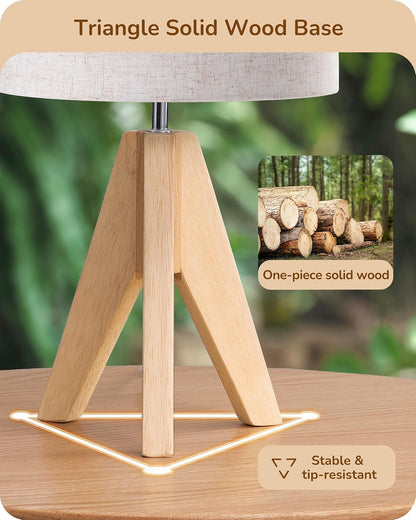 EDISHINE Tripod Table Lamp, Small Cute Bedside Lamp with Linen Beige Lampshade, Nightstand Lamp for Nursery, Bedroom, Kid Room, Living Room, Light Brown Wooden Base, E26 Socket, 14.2 Inch