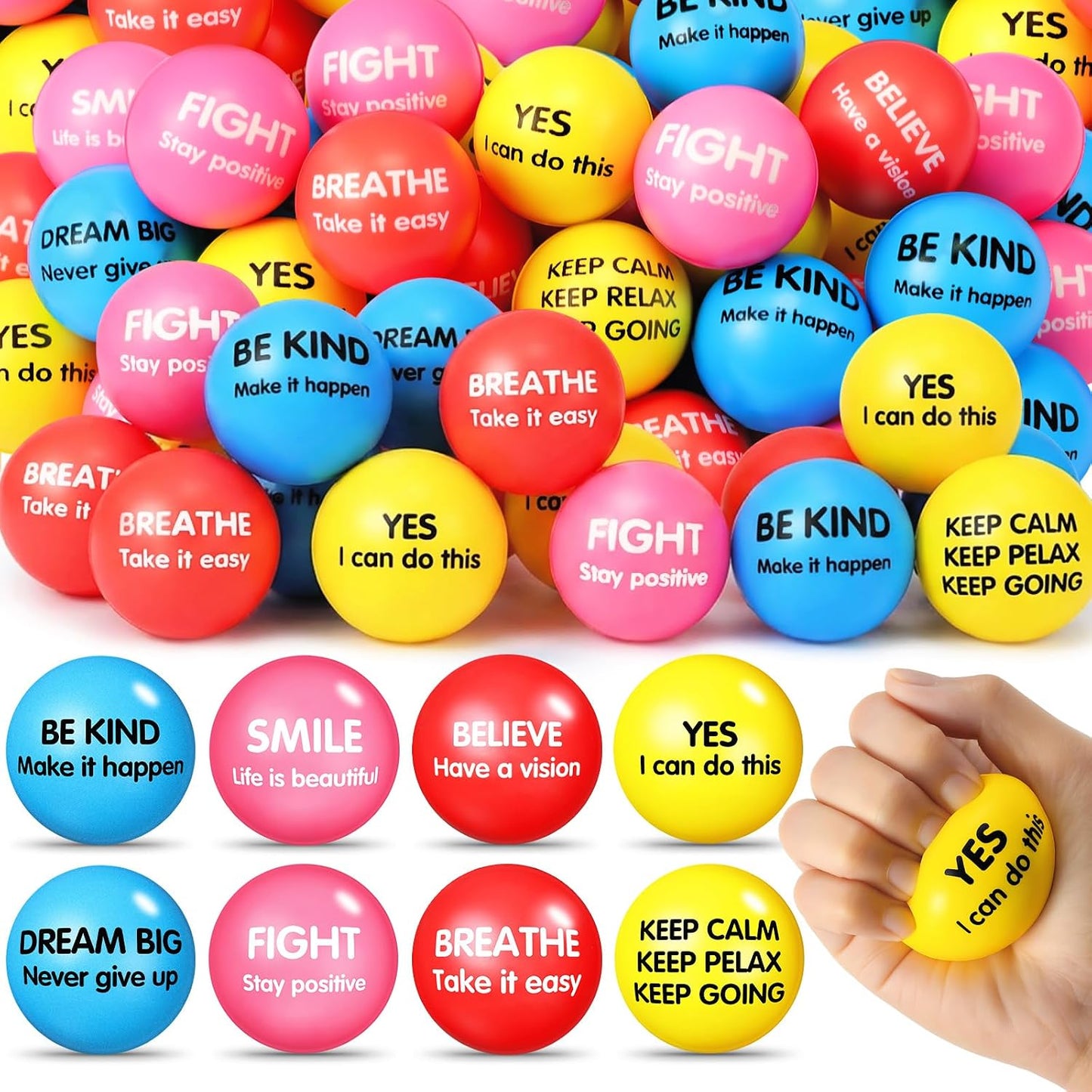 Liliful 100 Pcs Motivational Stress Balls Bulk Inspirational Squeeze Balls for Adults Anxiety Relief Fidget Toys Office Employee Gifts Classroom Rewards 2.2 Inch (Bright Colors)