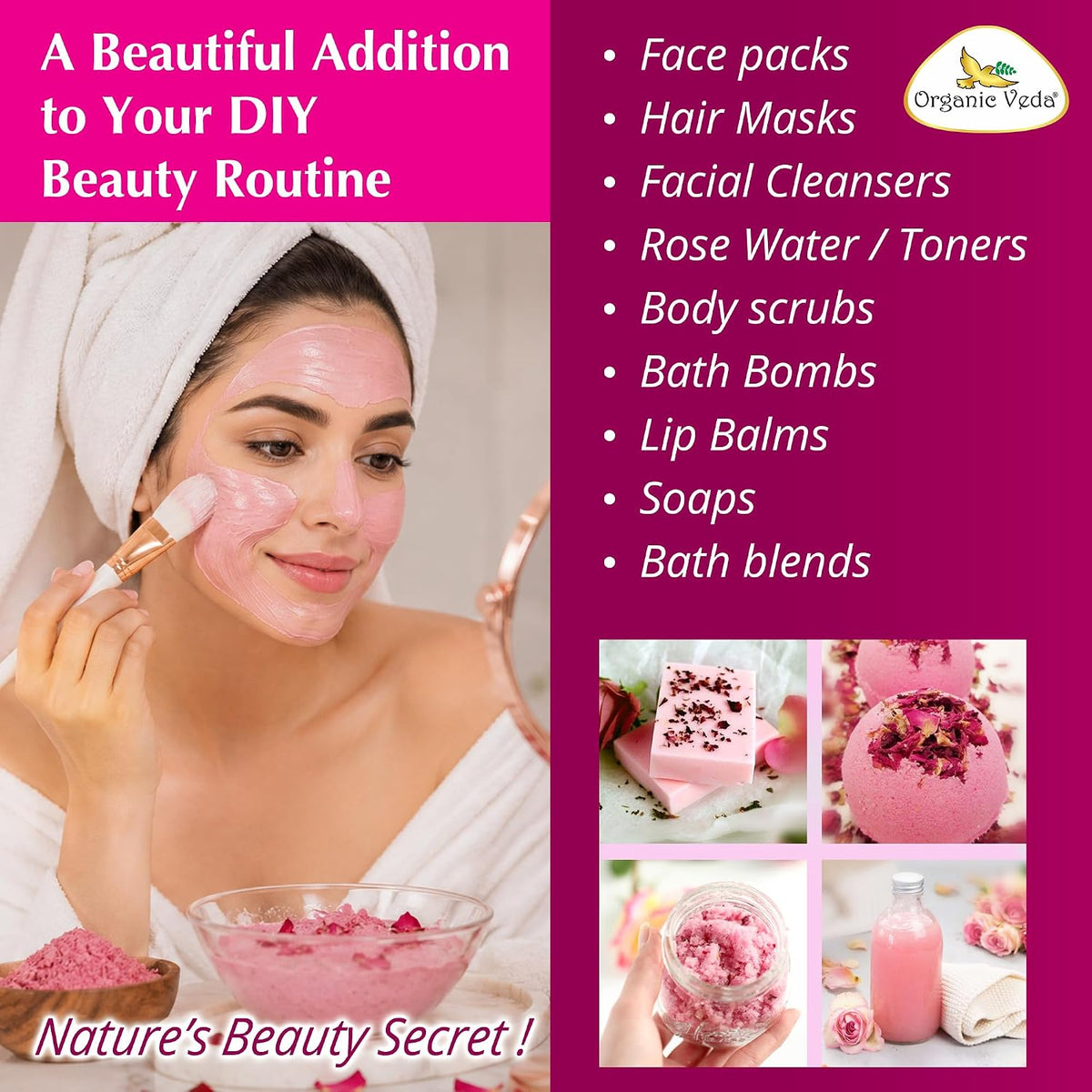 Organic Veda Rose Petals Powder - USDA Organic Edible Dried Rose Petals for Tea, Baking, Drink Mix, DIY Beauty Skin Care, Hair & Face Mask - 100% Pure Rose Powder for Culinary & Aromatherapy, 7 oz