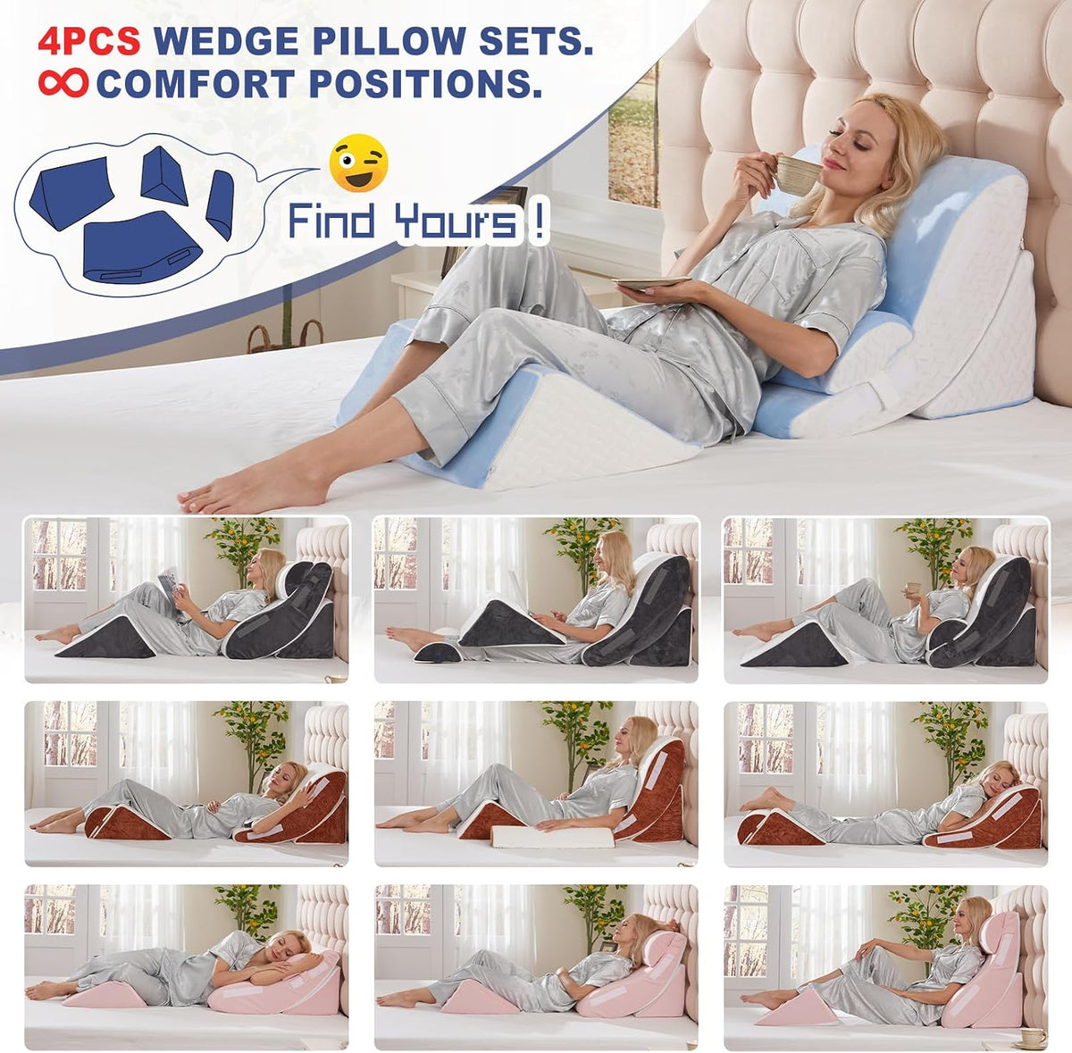 4PCS Orthopedic Bed Wedge Pillow Set for Sleeping, Post Surgery Foam Support Pillows for Back, Neck and Leg Pain Relief, Adjustable Triangle Pillow – Acid Reflux, GERD & Snoring Recovery, White Grey