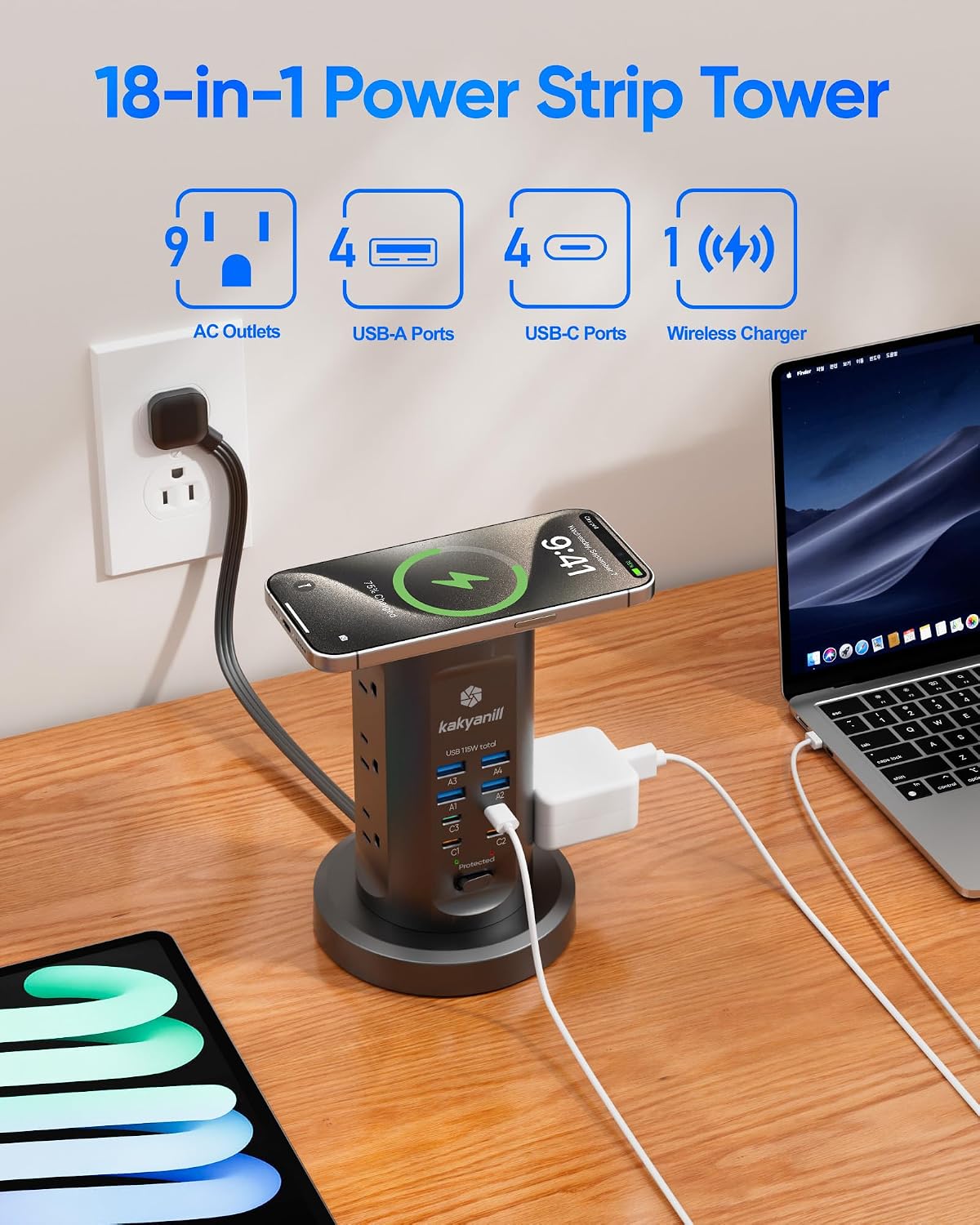 Power Strip Tower, kakyanill Charging Station 9 AC Outlets 8 USB Ports