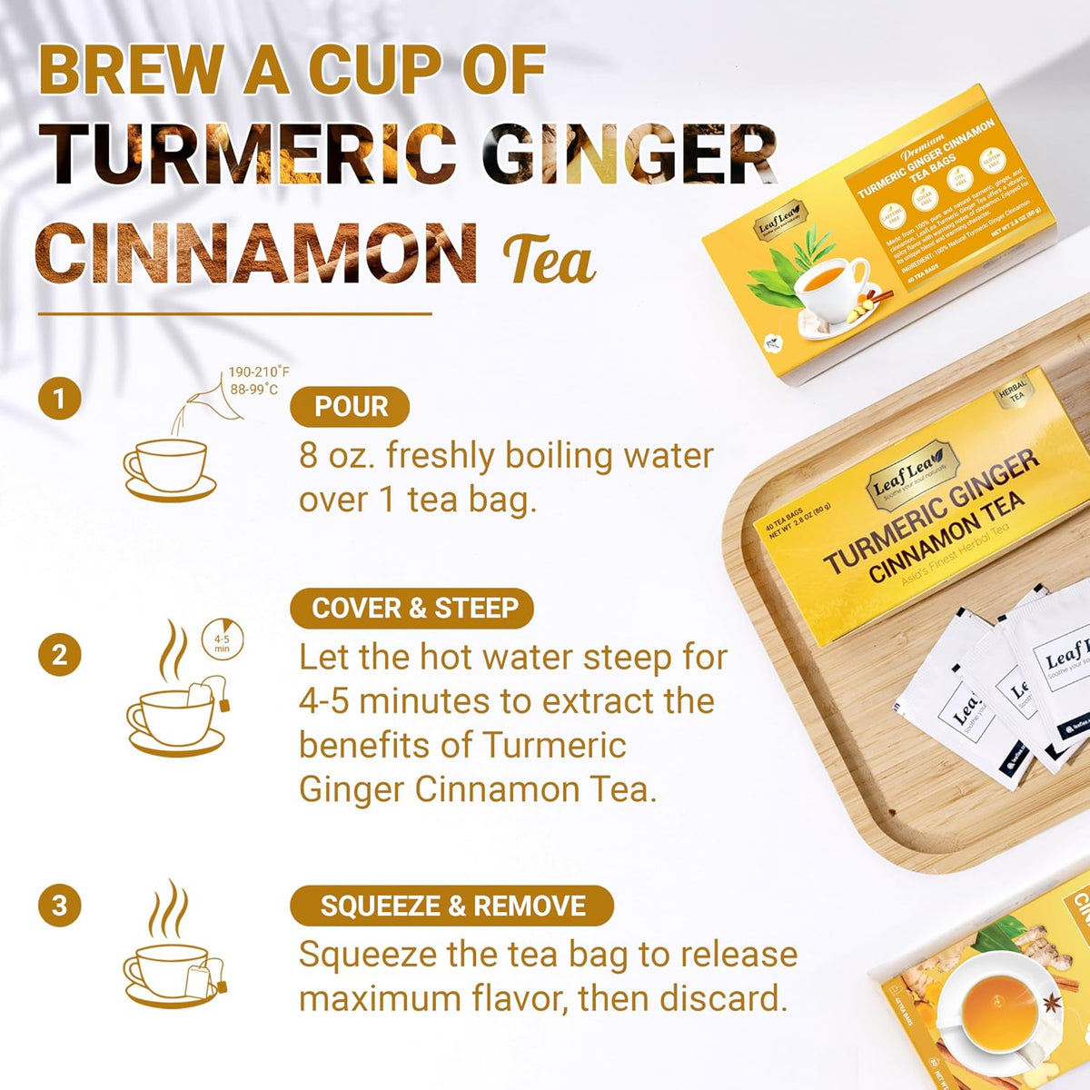 LeafLea Turmeric Ginger Cinnamon Tea Bags, 40 Ct Caffeine-Free Herbal Tea