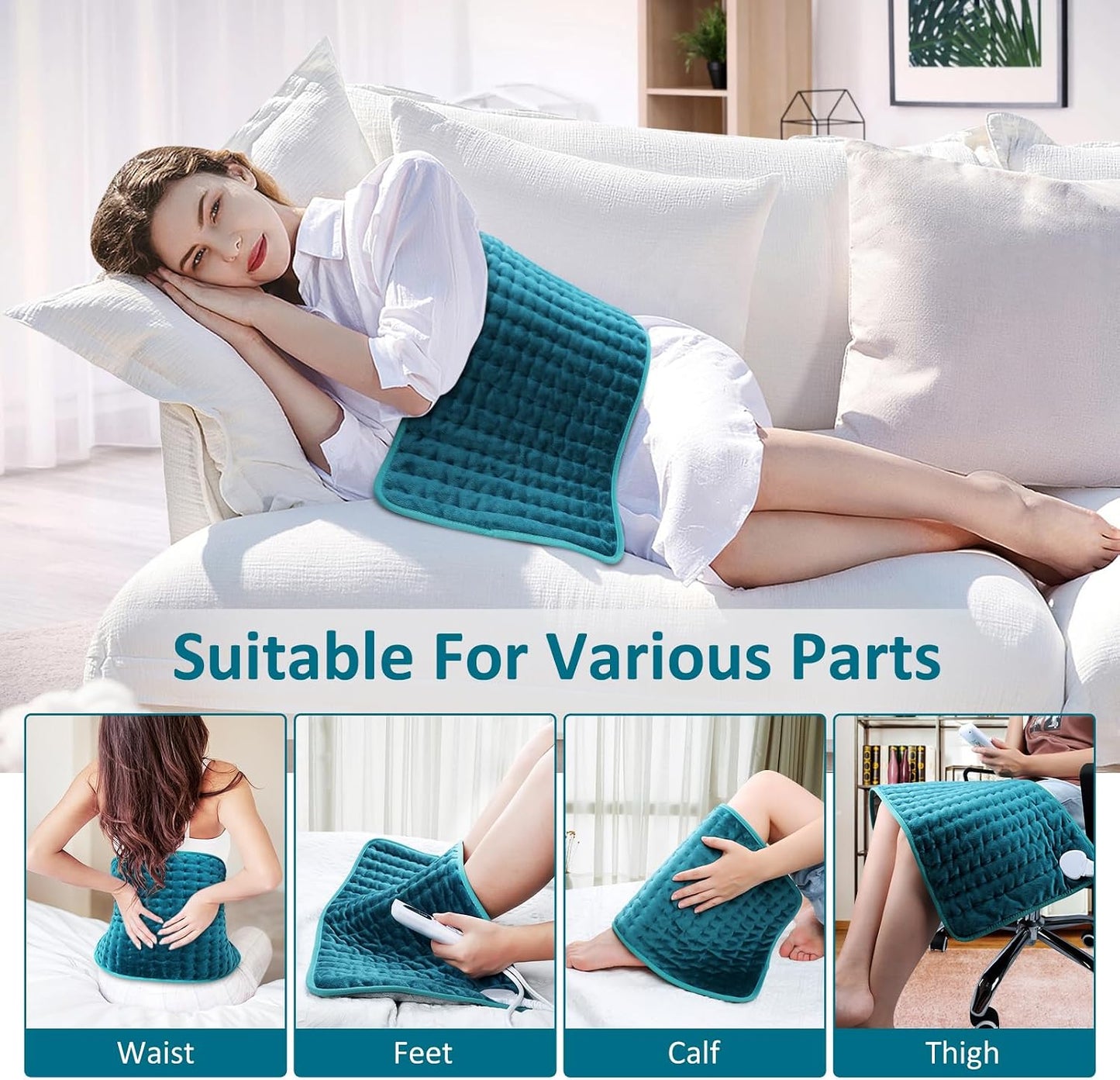 Heating pad for Back/Shoulder/Neck/Abdomen, Heating Pads with 6 Fast Heating Settings, Auto-Off, Machine Wash, Birthday Gifts for Women Mom Men Dad, Extra Large 12"x24", Blue